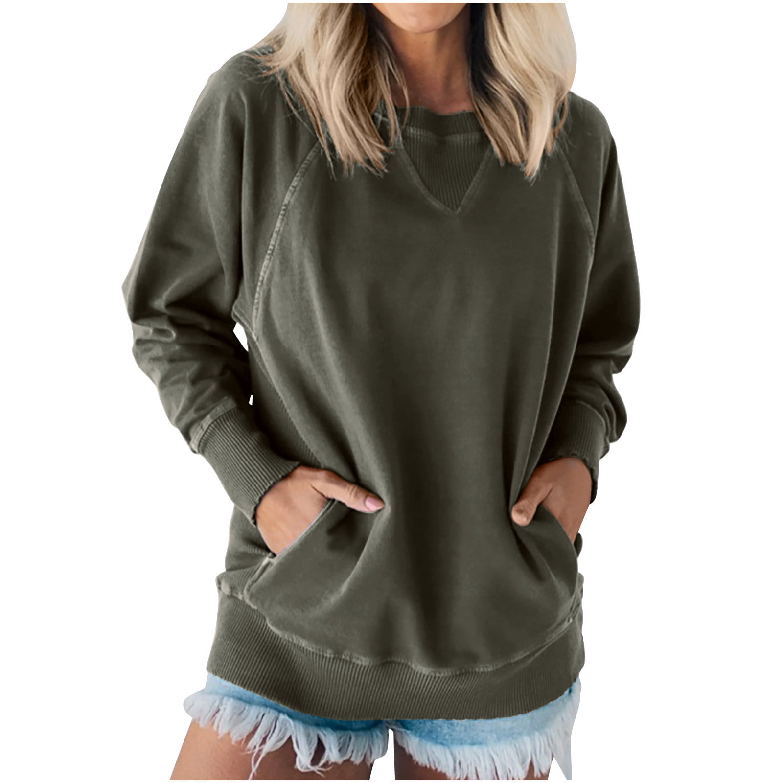 Sweatshirt for Women Ribbed Accent Crew Neck Pullover Fall Batwing Sleeve Ribbed with Pockets Pullover Gift