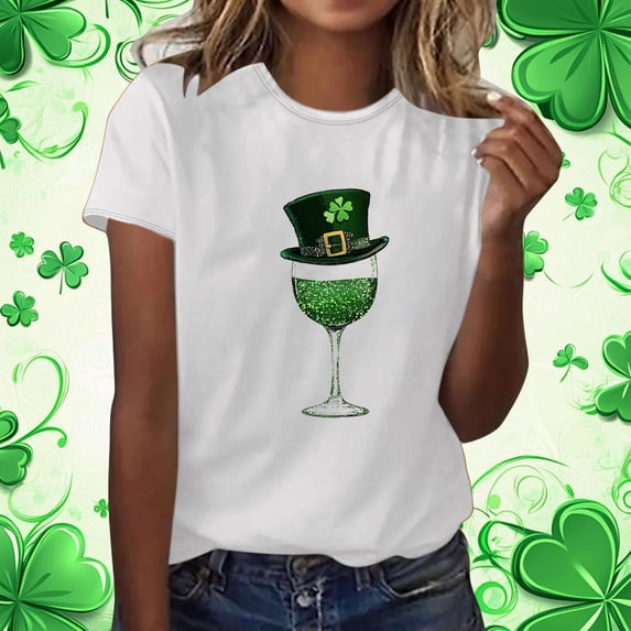 Uootdi T Shirts for Women Short Sleeve Crewneck Green Glitter Print St. Patrick's Day Casual Daily Soft Comfy Tees Gift