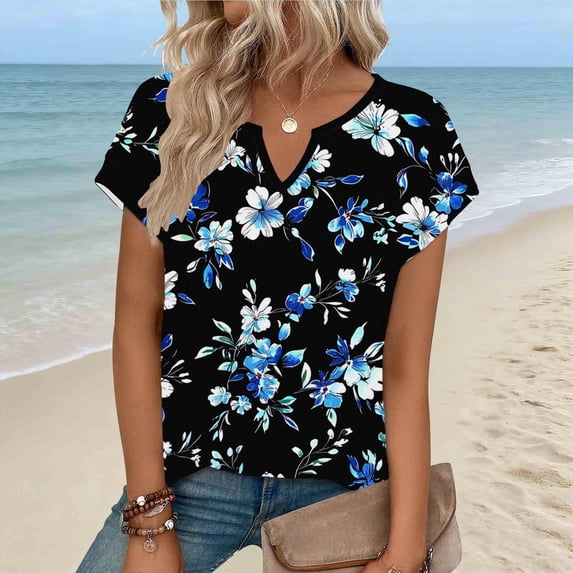 Uootdi T Shirts for Women V Neck Color Block Floral Print Short Sleeve Tee Lightweight Comfy Top Casual Daily Blouse Gift