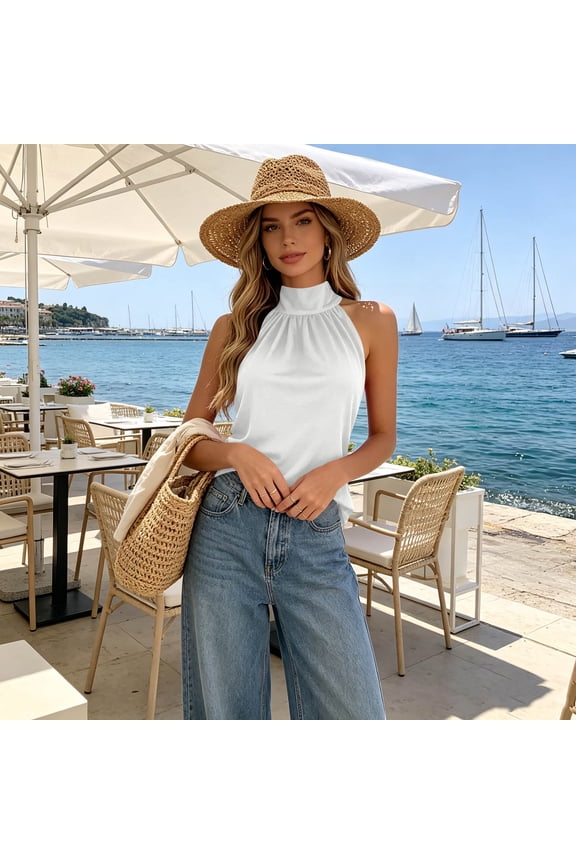 Tank Tops for Women Halter Neck Sleeveless Gathered Bust Plain Sleeveless Tops for Women Relaxed Fit Inner Layering Breathable Camisole Tops for Women