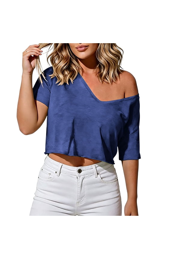 Tees for Women Short Sleeve Asymmetric Neck Cropped Tops Modern Minimalist Style Lightweight Comfortable Loose Silhouette Blouses Gift