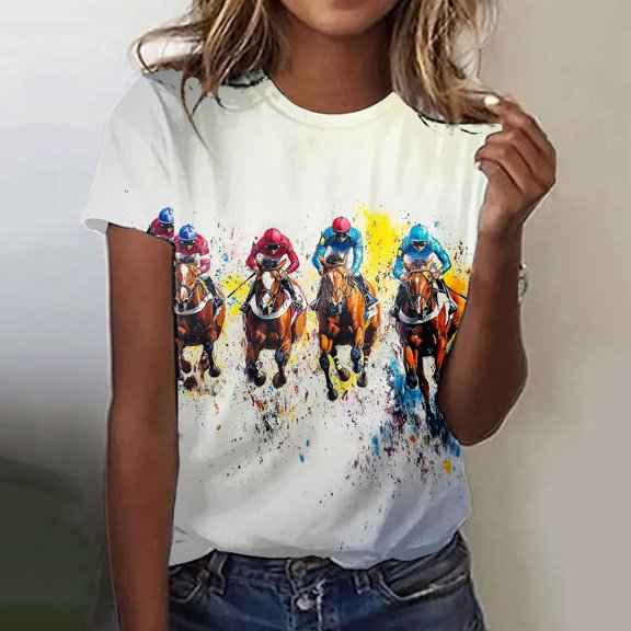 Uootdi Tees for Women Short Sleeve Round Neck Kentucky Derby Print Tops Casual Sports Style Comfortable Loose Fit Blouses Gift