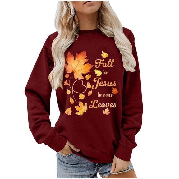 Uootdi Thanksgiving Long Sleeve Sweatshirts for Women Fall For Jesus He Never Leaves Sweatshirts Gift Women Cute Fall Autumn Ch ristian