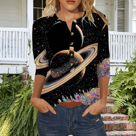 Uootdi Tie Dye Galaxy Print 3/4 Sleeve Henley Shirts for Women V Neck Stylish Stars Graphic Printted Top Casual Space Aesthetic Tee Pullover Gift