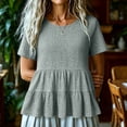 thumbnail image 1 of Uootdi Tiered Ruffle Tops for Women Short Sleeve Round Neck Tees Summer Style Soft Breathable Relaxed Fit Blouses Gift, 1 of 6