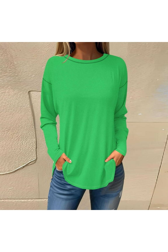 Tops for Women Casual Side Split Long Sleeve Shirts Crew Neck Basic Blouse Fall Loose Fit Lightweight Workout Gift Tunic