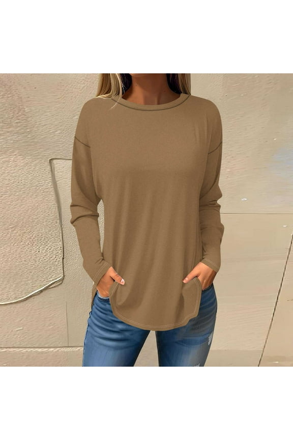 Tops for Women Casual Side Split Long Sleeve Shirts Crew Neck Basic Blouse Fall Loose Fit Lightweight Workout Gift Tunic