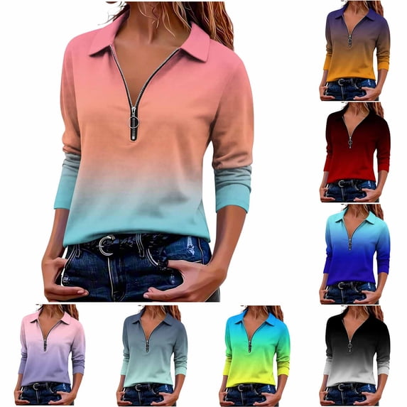 Uootdi Tops for Women Lapel Collar Half Zip Placket Gradient Color ...
