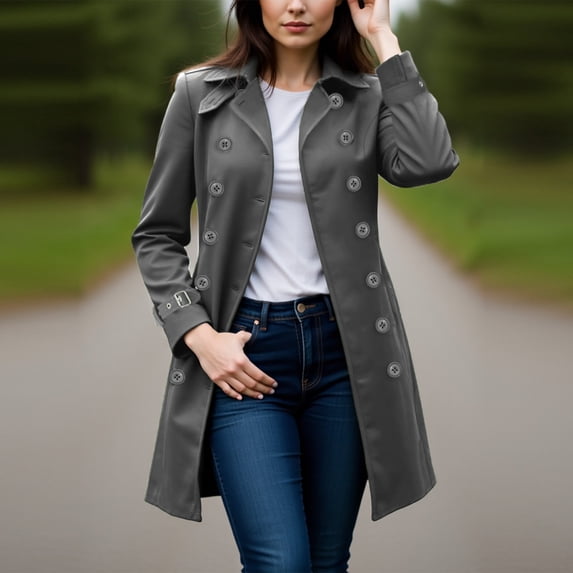 Uootdi Trench Winter Coats for Women Lapel Double Breasted Coats Windproof Blazer Jacket Business Casual Long Sleeve Overcoat with Pockets