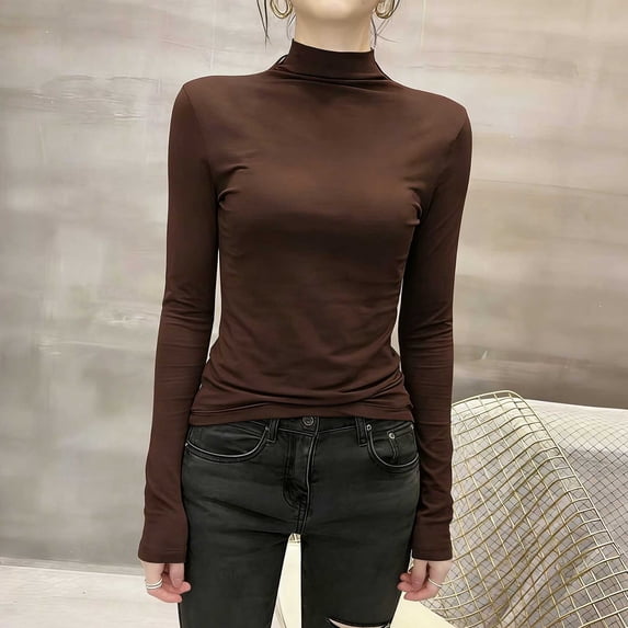 Uootdi Turtleneck Long Sleeve Shirts for Women Y2k Slim Fit Tops Thermal Base Layer Soft Lightweight Stretch Undershirts Gift