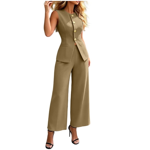 Uootdi Two Piece Sets for Women Dressy Sleeveless Stand Collar Button Front Vest High Waist Tailored Wide Leg Pants Office Matching Sets