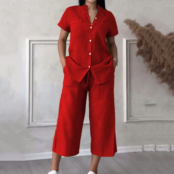 Uootdi Two Piece Sets for Women Summer Notched Neck Roll Cuff Sleeve Blouse High Waist Capri Pants Trendy Daily Outfits