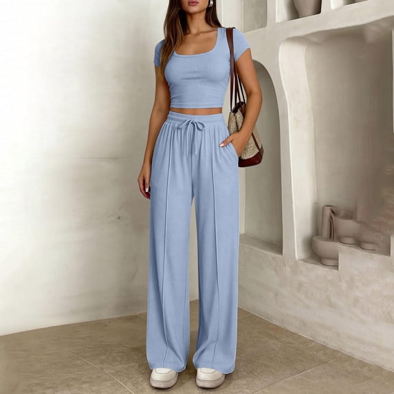 Uootdi Two Piece Sets for Women Summer Short Sleeve Square Neck Ribbed Crop Top Drawstring High Waist Wide Leg Pants Casual Daily Matching Outfits