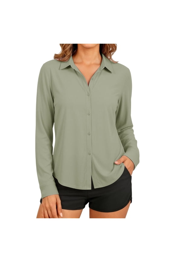 UPF50+ Sun Protection Shirts for Women Button Down Long Sleeve Collared Neck Outdoor Rash Guard Quick Dry Breathable Tops Gift