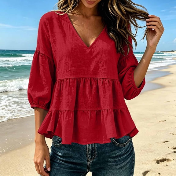 Uootdi Vacation Tops for Women Split V Neck 3/4 Bubble Sleeve Tiered Ruffle Hem Plain Crinkle Linen Woven Boho Tops for Women A Line Fit Vacation Beach Lightweight Airy Womens Summer Tops