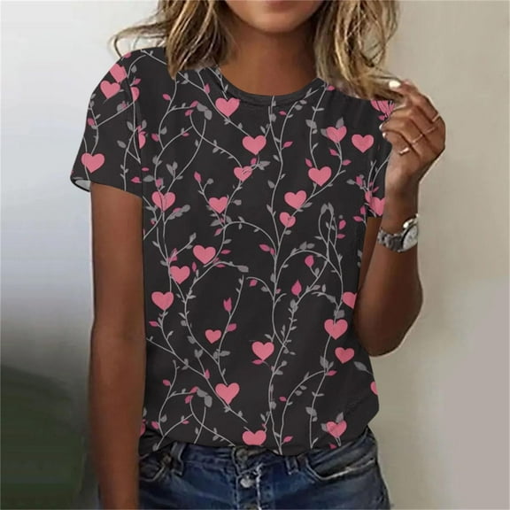 Uootdi Valentine T-Shirts for Women Trendy Cute Round Neck Love Heart Print Short Sleeve Spring Holiday Casual Blouse Tops Gift