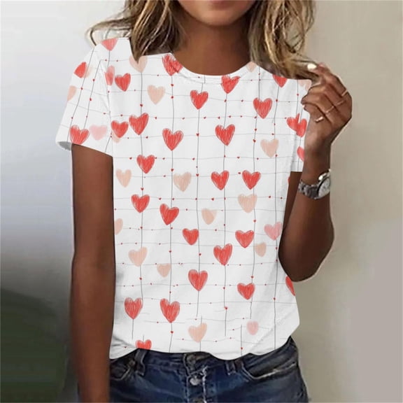 Uootdi Valentine T-Shirts for Women Trendy Cute Round Neck Love Heart Print Short Sleeve Spring Holiday Casual Blouse Tops Gift