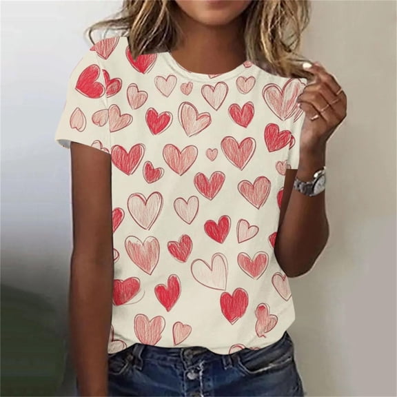 Uootdi Valentine T-Shirts for Women Trendy Cute Round Neck Love Heart Print Short Sleeve Spring Holiday Casual Blouse Tops Gift
