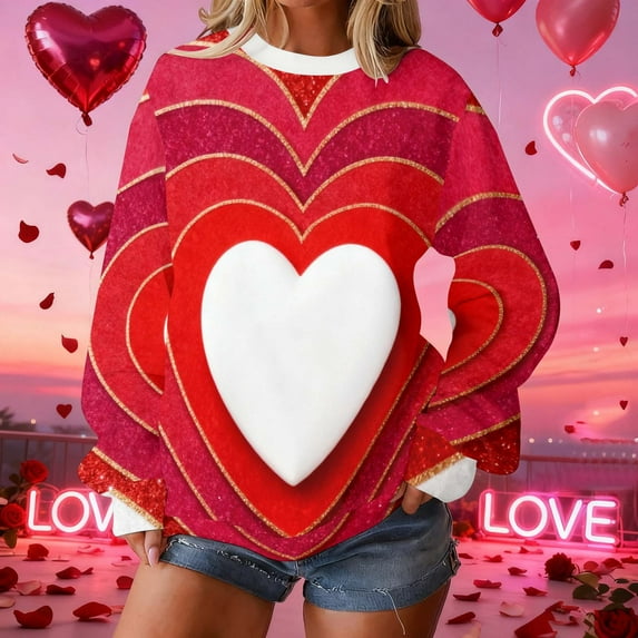 Uootdi Valentine's Day Sweatshirt for Women Crew Neck Love Heart Printed Graphic Sweatshirts Casual Holiday Long Sleeve Graphic Tee Tops Gift
