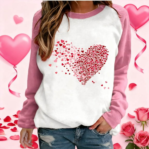 Uootdi Valentine's Day Women's Funny Love Heart Graphic Long Sleeve Shirts Color Block Crewneck Raglan Pullover Top Gift