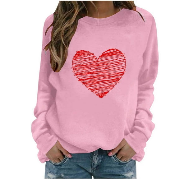 Uootdi Valentines Day Long Sleeve Shirts for Women Love Heart Print Crewneck Tops Valentines Holiday Cute Outfit Gift