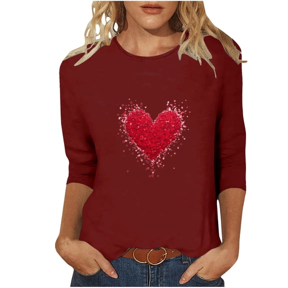 Uootdi Valentines Day Love Heart Printed Shirts for Women Trendy Cute 3/4 Sleeve Crew Neck Tunic Tops Casual Holiday Tee Tops Gift