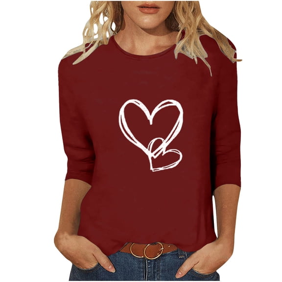 Uootdi Valentines Day Love Heart Printed Shirts for Women Trendy Cute 3/4 Sleeve Crew Neck Tunic Tops Casual Holiday Tee Tops Gift