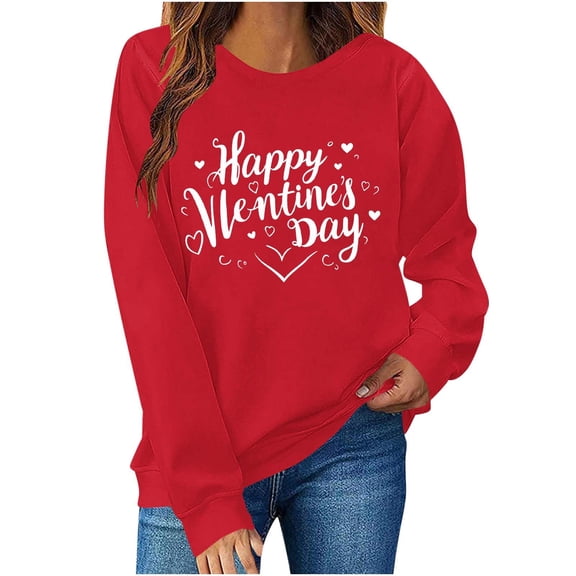 Uootdi Valentines Long Sleeve Shirts for Women Oversized Crewneck Heart Print Graphic Blouse Plus Size Casual Sweatshirt Tops