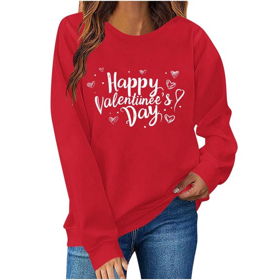 Uootdi Valentines Long Sleeve Shirts for Women Oversized Crewneck Heart Print Graphic Blouse Plus Size Casual Sweatshirt Tops
