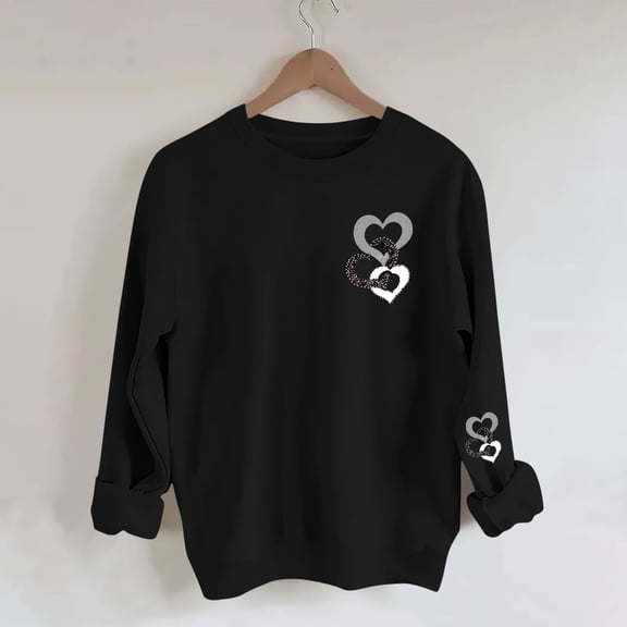Uootdi Valentines Long Sleeve Shirts for Women Oversized Crewneck Heart Print Graphic Blouse Plus Size Casual Sweatshirt Tops