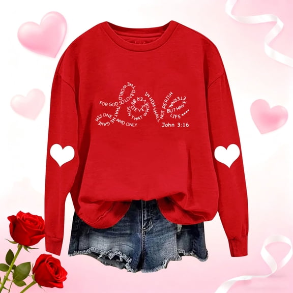 Uootdi Valentines Long Sleeve Shirts for Women Oversized Crewneck Heart Print Graphic Blouse Plus Size Casual Sweatshirt Tops