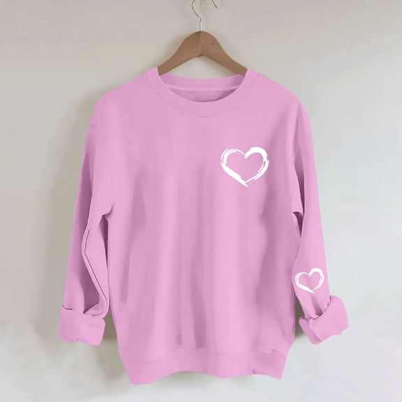 Uootdi Valentines Long Sleeve Shirts for Women Oversized Crewneck Heart Print Graphic Blouse Plus Size Casual Sweatshirt Tops
