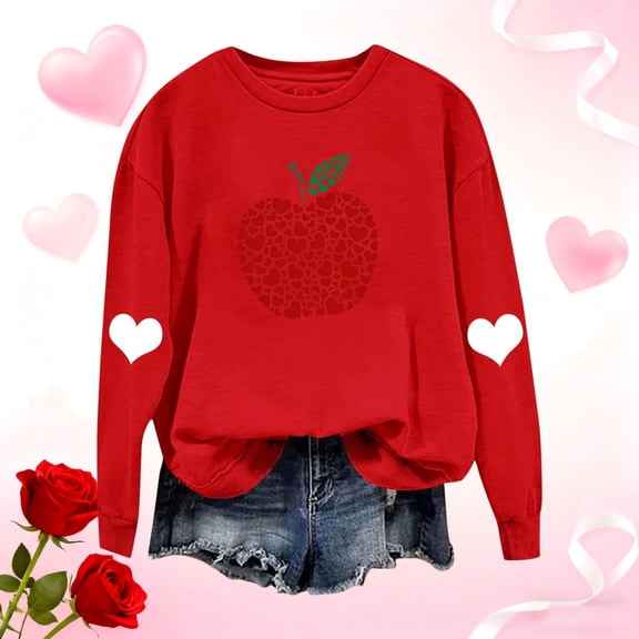 Uootdi Valentines Long Sleeve Shirts for Women Oversized Crewneck Heart Print Graphic Blouse Plus Size Casual Sweatshirt Tops