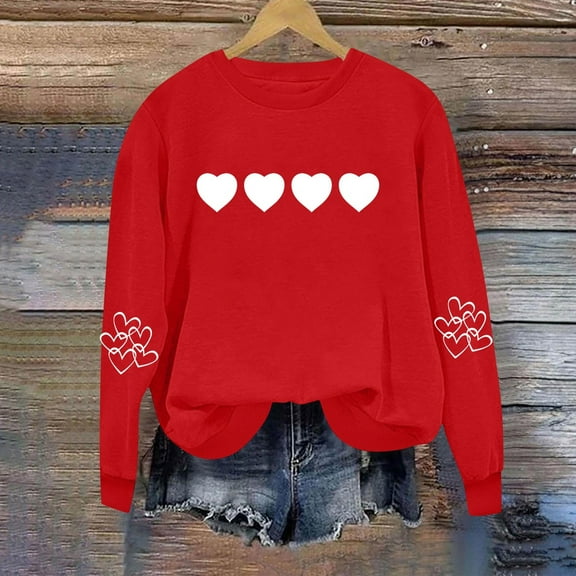 Uootdi Valentines Long Sleeve Shirts for Women Oversized Crewneck Heart Print Graphic Blouse Plus Size Casual Sweatshirt Tops