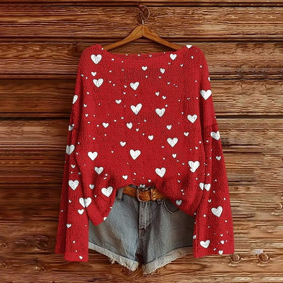 Uootdi Valentines Sweaters for Women Love Heart Knited Sweater Casual Crewneck Long Sleeve Shirts Valentines Day Pullover Tops Gift