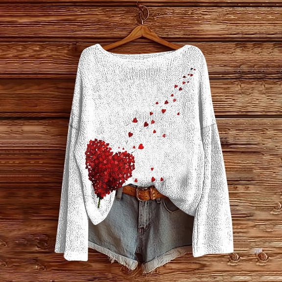 Uootdi Valentines Sweaters for Women Love Heart Knited Sweater Casual Crewneck Long Sleeve Shirts Valentines Day Pullover Tops Gift