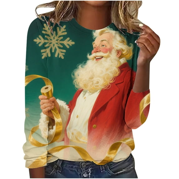 Uootdi Vintage Christmas Long Sleeve Gift Sweatshirts for Women Funny Cute Santa Claus Shirts Xmas Tree Printed Holiday Pullove r