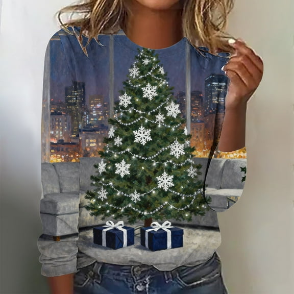 Uootdi Vintage Christmas Long Sleeve Sweatshirts for Gift Women Funny Cute Santa Claus Shirts Xmas Tree Printed Holiday Pullove r