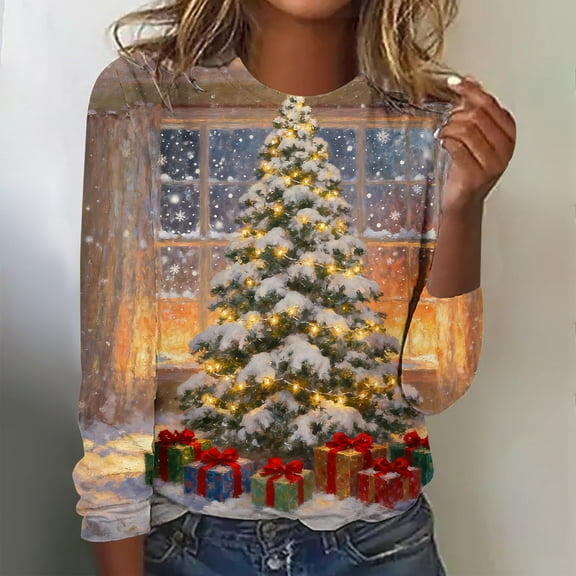 Uootdi Vintage Christmas Long Sleeve Sweatshirts for Gift Women Funny Cute Santa Claus Shirts Xmas Tree Printed Holiday Pullove r