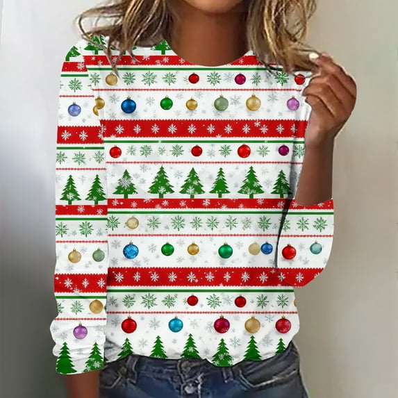 Uootdi Vintage Christmas Long Sleeve Sweatshirts for Gift Women Funny Cute Santa Claus Shirts Xmas Tree Printed Holiday Pullove r