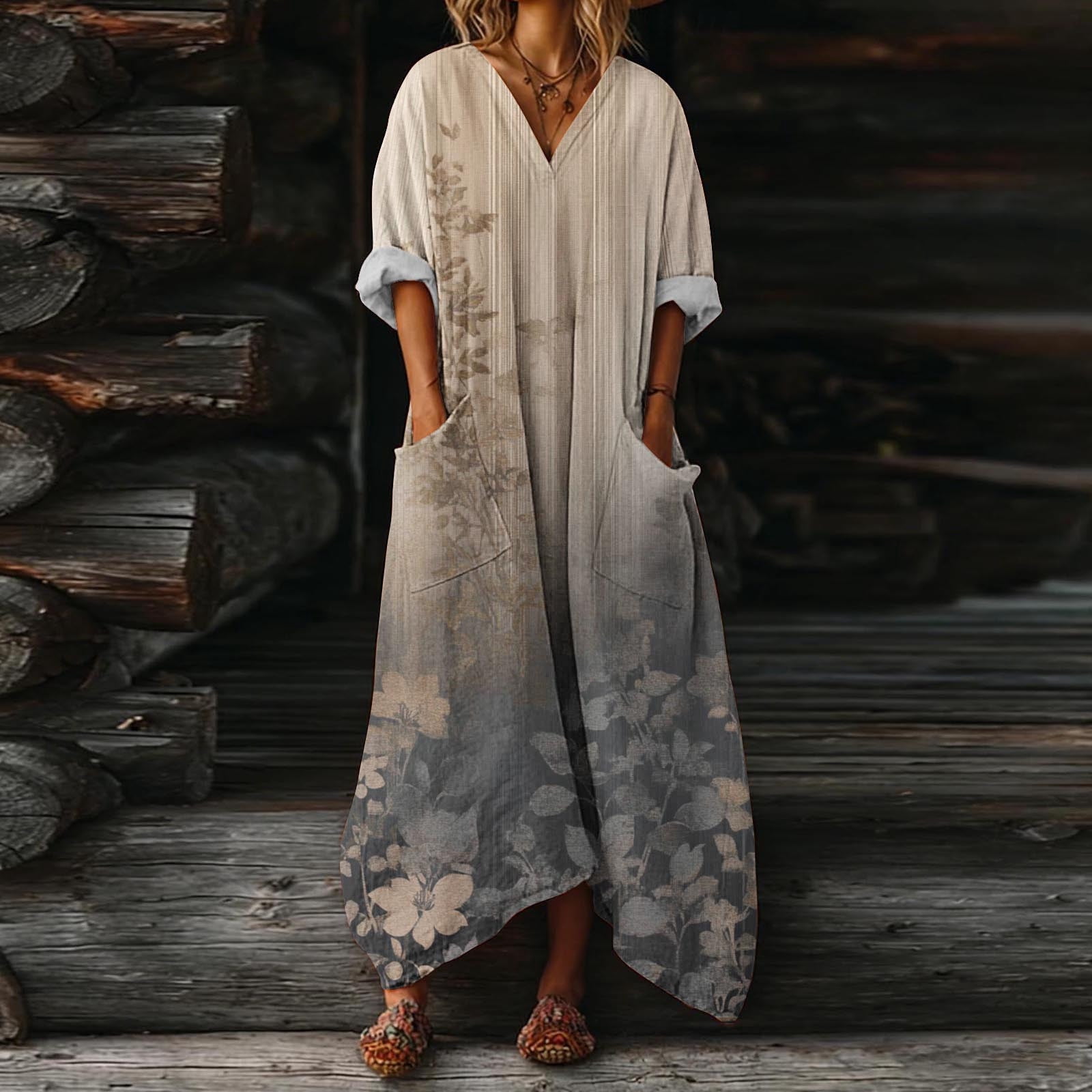 boho style dresses made in usa Wildy BOHO Summer Bohemian Vintage Printed Midi Dress, Casual American Western Country Style For Womencasual Outfit For Women
