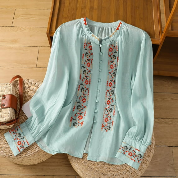 Uootdi Vintage Embroidered Linen Long Sleeve Shirts for Women Colorblock Button Down Blouse Versatile Business Casual Loose Tops Gift