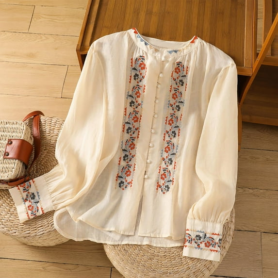 Uootdi Vintage Embroidered Linen Long Sleeve Shirts for Women Colorblock Button Down Blouse Versatile Business Casual Loose Tops Gift