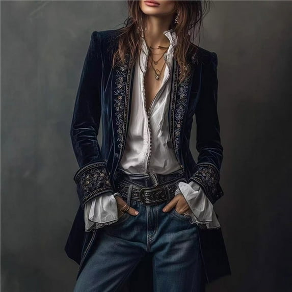 Uootdi Vintage Velvet Jackets for Women Delicate Floral Open Front Long Sleeve Outerwear Retro Steampunk Outerwear Fall Fashion Outfit