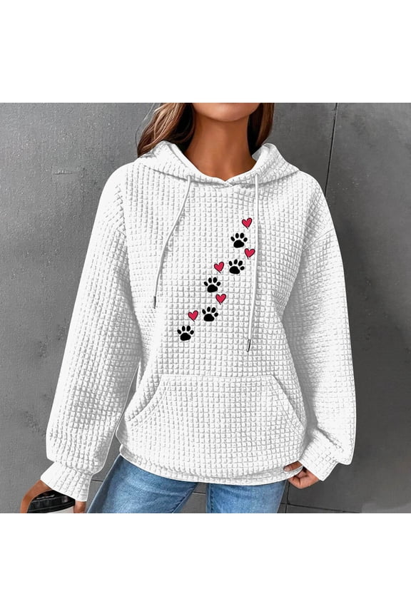 Waffle Knit Hoodies for Women Cute Dog Paw Heart Gift Print Long Sleeve Tops Winter Warm Pet Owner Top With