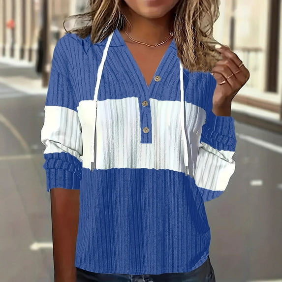 Uootdi Waffle Knit Long Sleeve Shirts for Women Colorblock Button Drawstring Raglan Sweater Casual Comfort V Neck Gift Pullover Knitwear