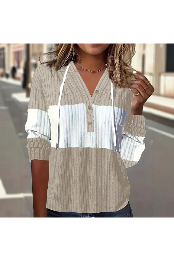 Waffle Knit Long Sleeve Shirts for Women Colorblock Button Drawstring Raglan Sweater Casual Comfort V Neck Gift Pullover Knitwear