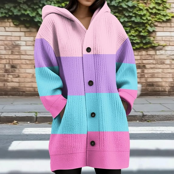 Uootdi Winter Clothing for Women Oversized Long Sleeve Color Block Hooded Winter Long Coats for Women Fashion Button Gift Jacket with