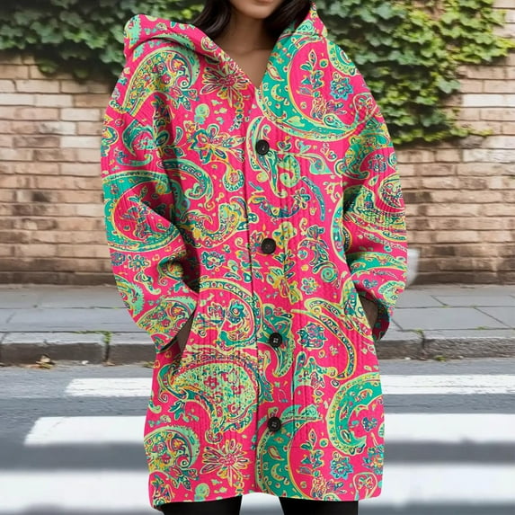 Uootdi Winter Clothing for Women Oversized Long Sleeve Color Block Hooded Winter Long Coats for Women Fashion Button Gift Jacket with