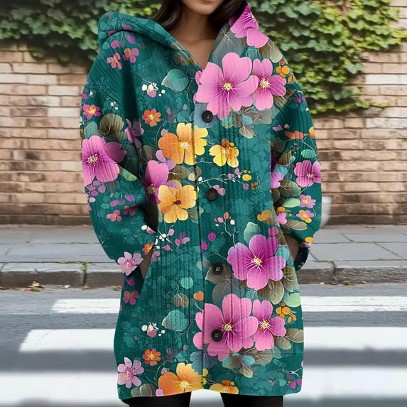 Uootdi Winter Clothing for Women Oversized Long Sleeve Color Block Hooded Winter Long Coats for Women Fashion Button Gift Jacket with